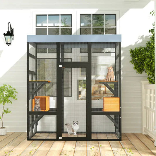 Large Outdoor Cat Enclosure Catio With 5 Platforms & 2 Napping Houses,