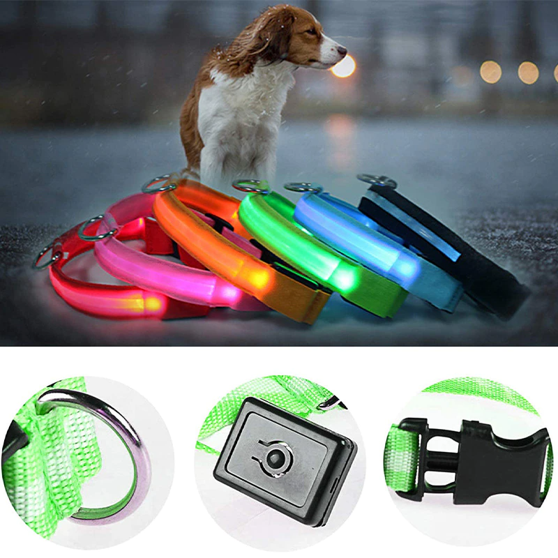 LED Adjustable Dog Collar Blinking Flashing Light Up Glow Pets Safety