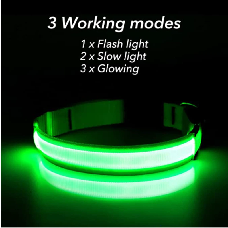 LED Adjustable Dog Collar Blinking Flashing Light Up Glow Pets Safety