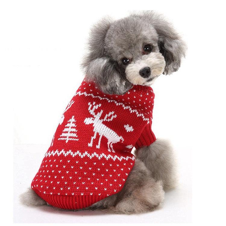 Festive Holiday Pet Sweater - Blue And Red Christmas Reindeer Design