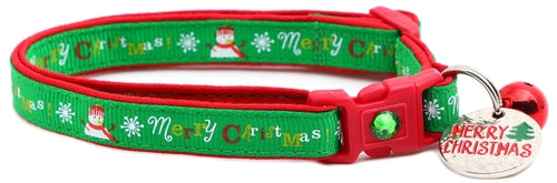 Merry Christmas Snowmen on Green Cat Collar