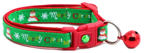 Merry Christmas Snowmen on Green Cat Collar