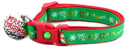 Merry Christmas Snowmen on Green Cat Collar
