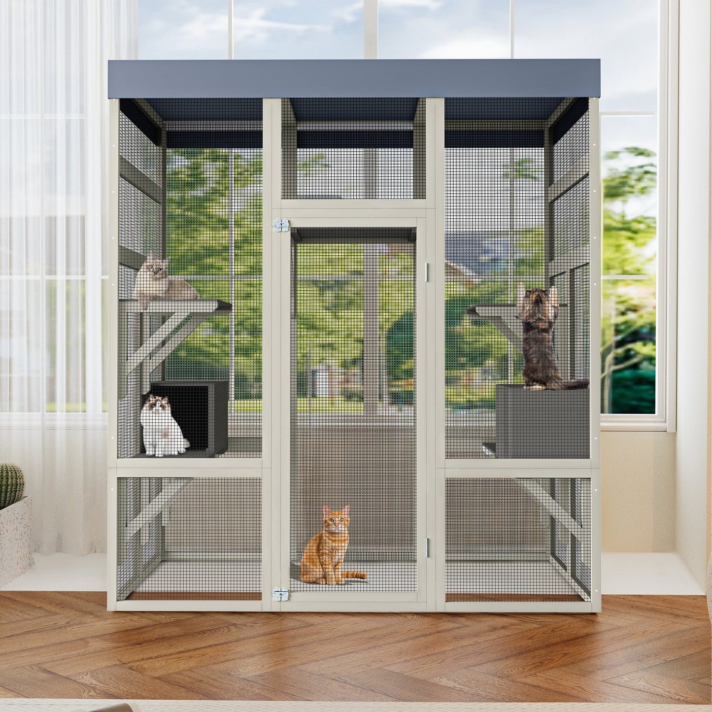 62.6' Outdoor Wooden Catio for Cats, Large Cat Enclosure with